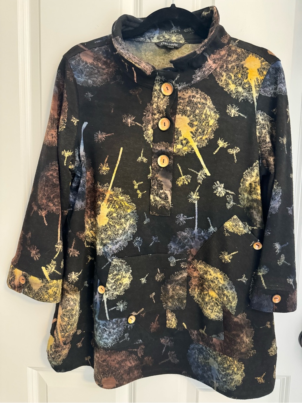John Mark M Black Dandelion Print Tunic Top Boho Artistic 3/4 Sleeve